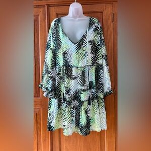 Blue Island Green-White-Black Tropical Leaf Print Midi Dress